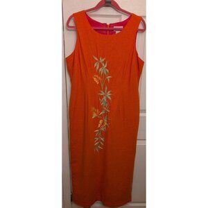 Studio C Maxi Sheath Dress Sz 16 Linen Blend Back Zip Orange Embroidered Y2K Vtg